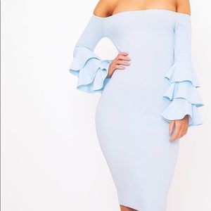 Blue Bardot Ruffle sleeve midi dress
